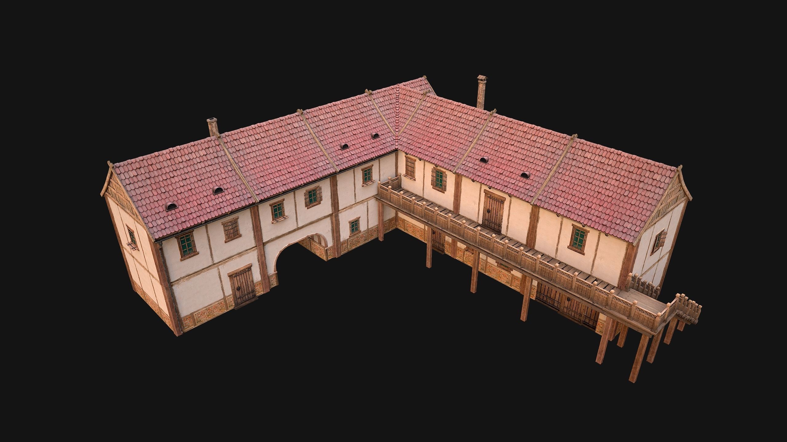 Medieval Town House with Staircase Low-poly 3D model_10
