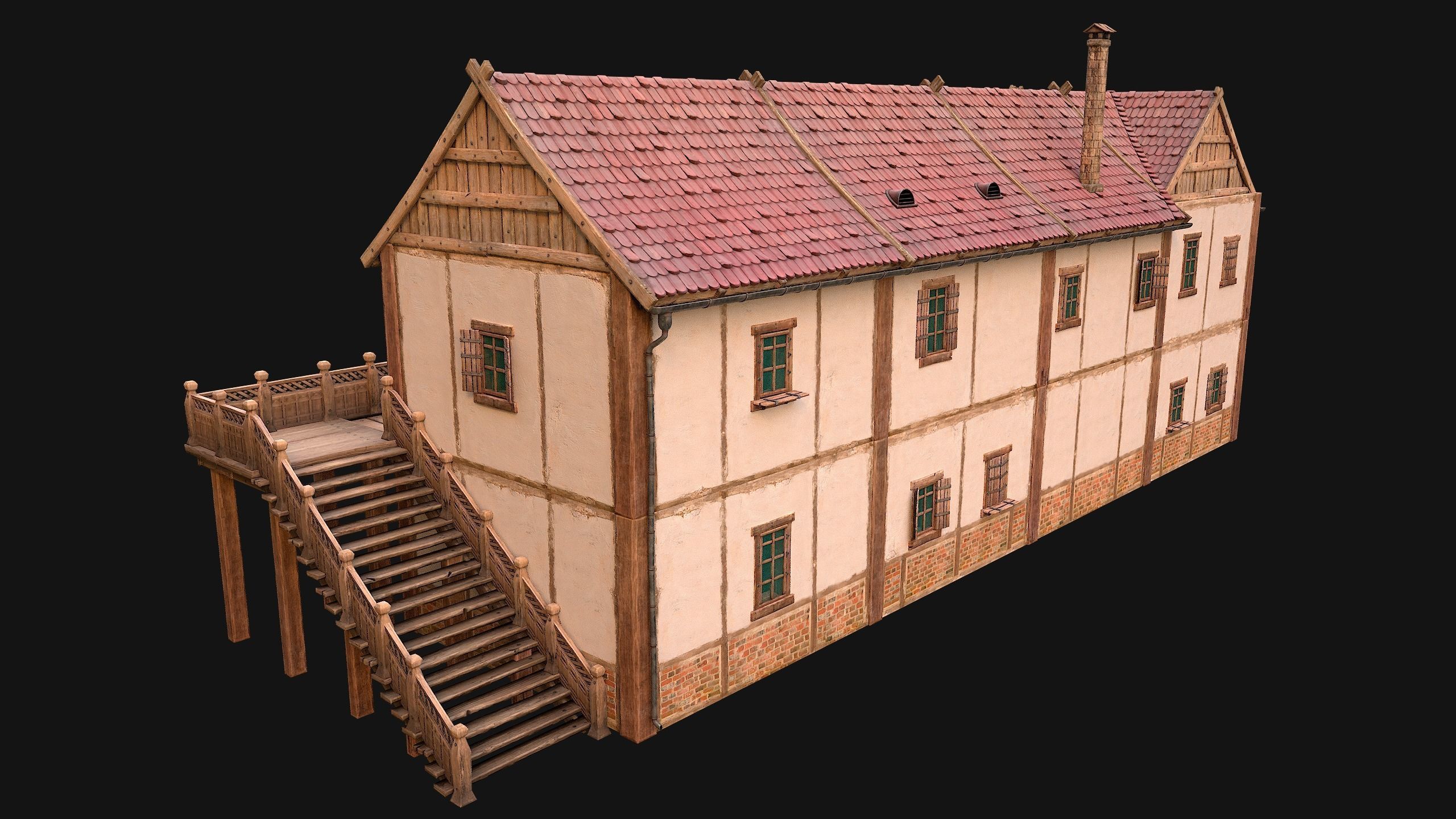 Medieval Town House with Staircase Low-poly 3D model_23