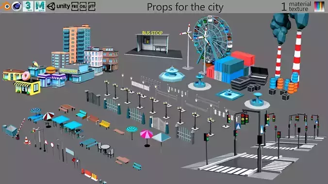 Props for the city Low-poly 3D model