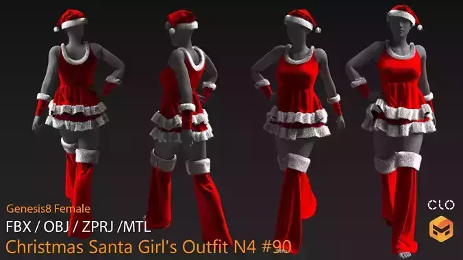 Christmas Santa Girls Outfit N4 90  CLO3D ZPRJ FBX OBJ MTL