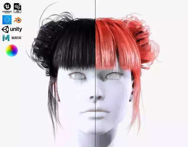 Female Hair - Double Hostess Bun Low-Poly Low-poly 3D model