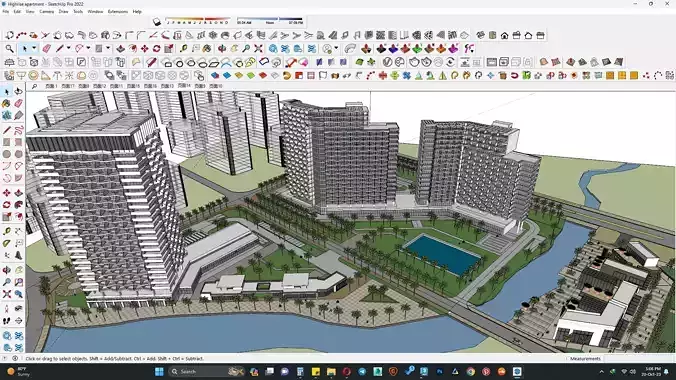 Highrise apartment building along outdoor sitting area