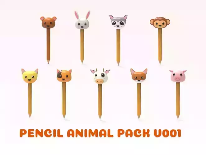 Pencil with animal school supplies collection 1 3D model 