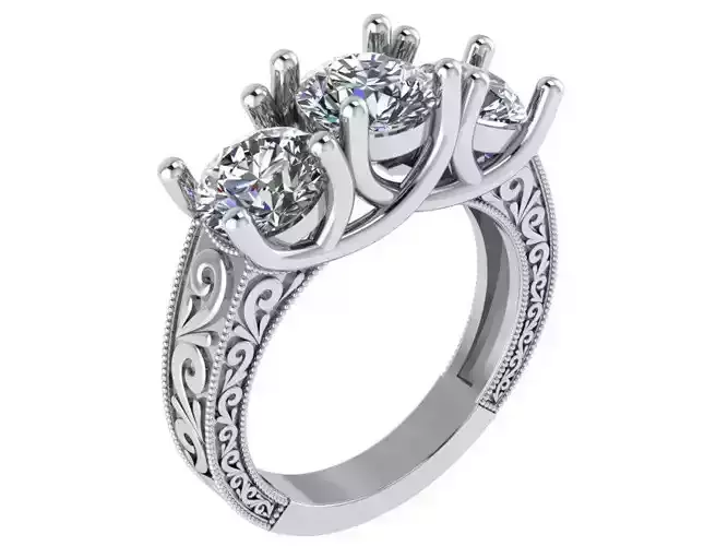 3 Stone Trellis Engraving Ring 1644