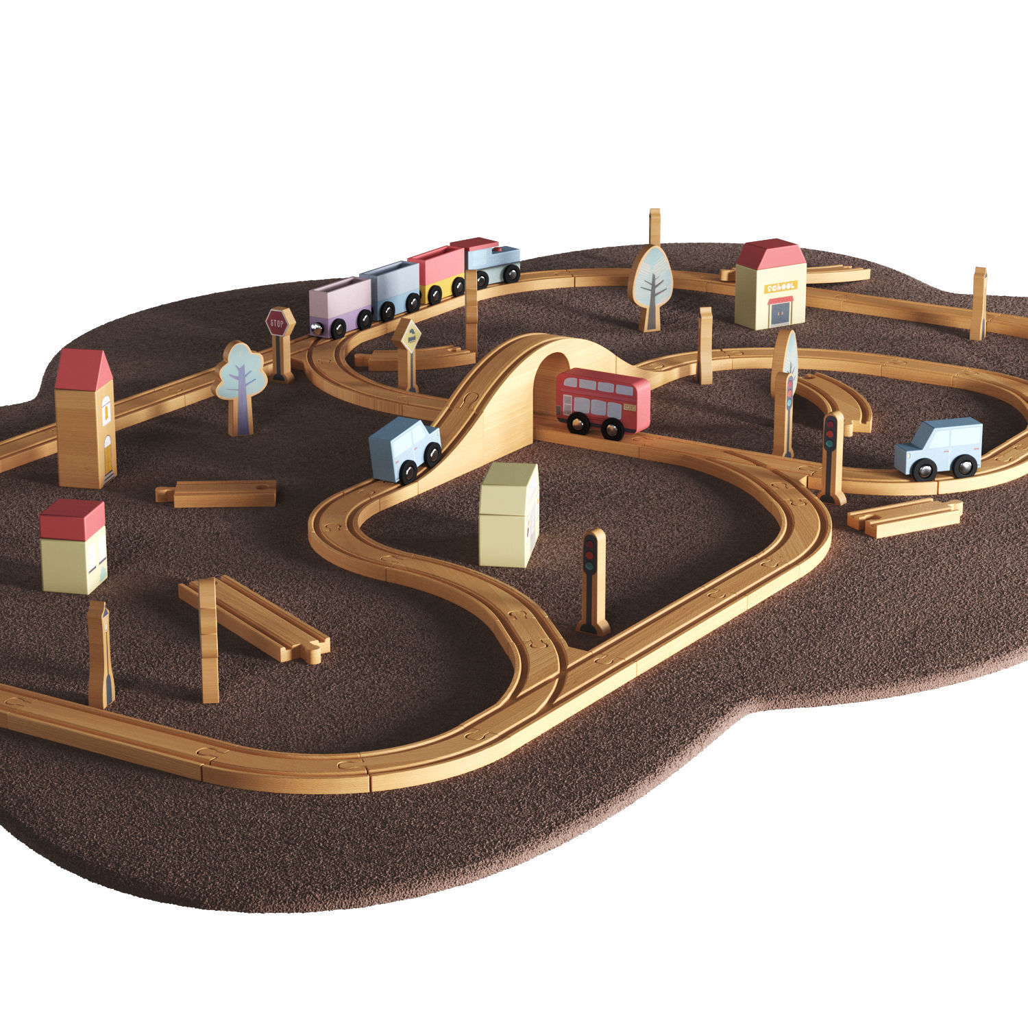 Wooden road railway toys set 3D model_2