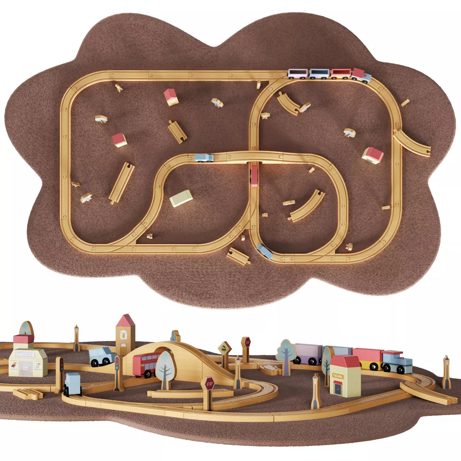 Wooden road railway toys set 3D model_0