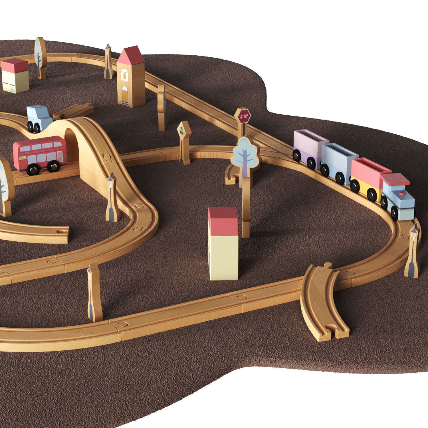 Wooden road railway toys set 3D model_1