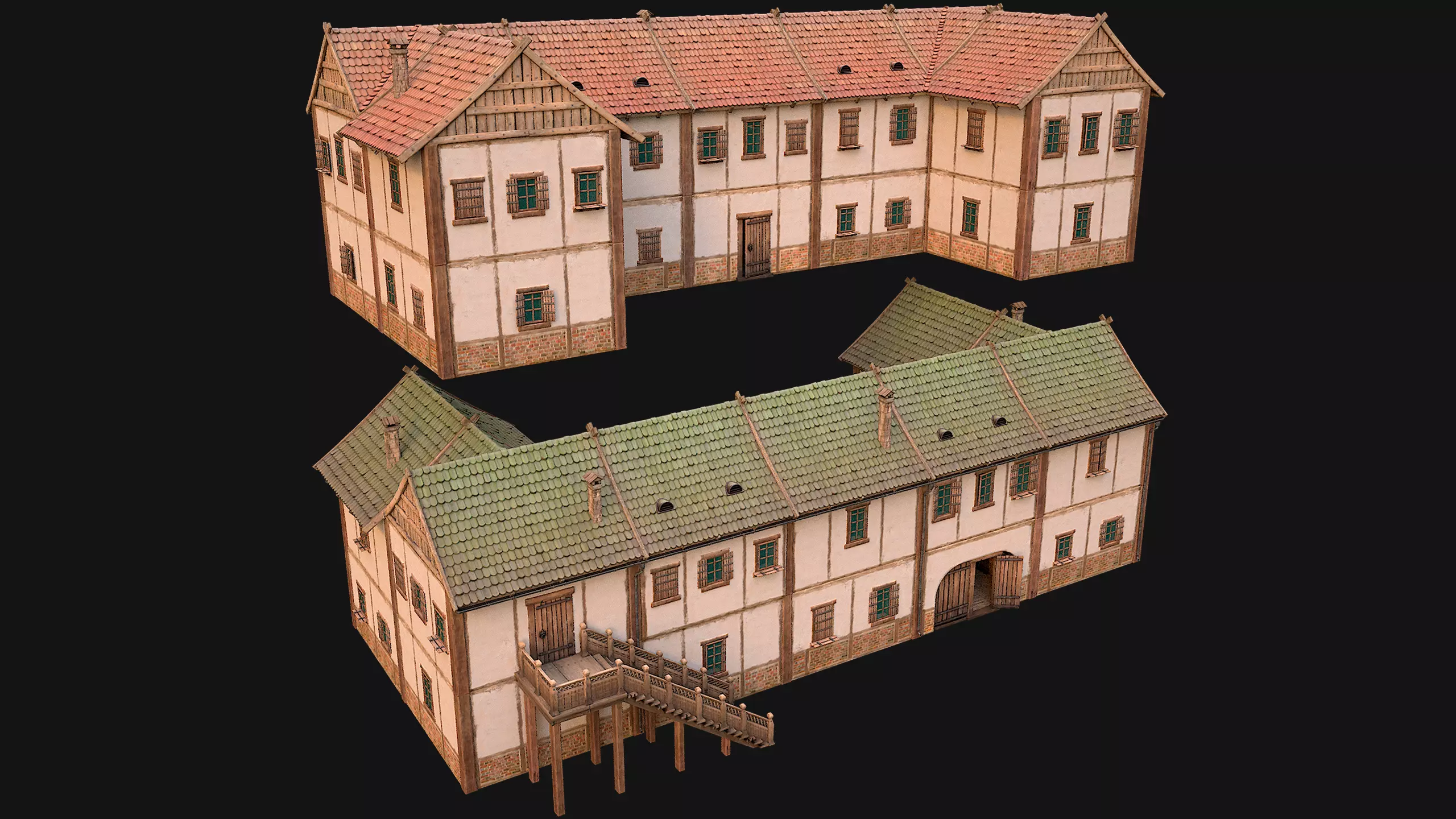 Medieval House Residence 2 Storey Low-poly 3D model_0