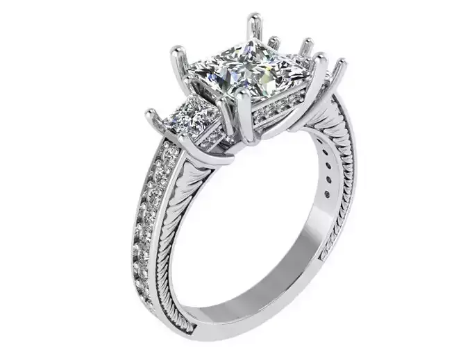 3 Stone Princess Engraving Ring 1703