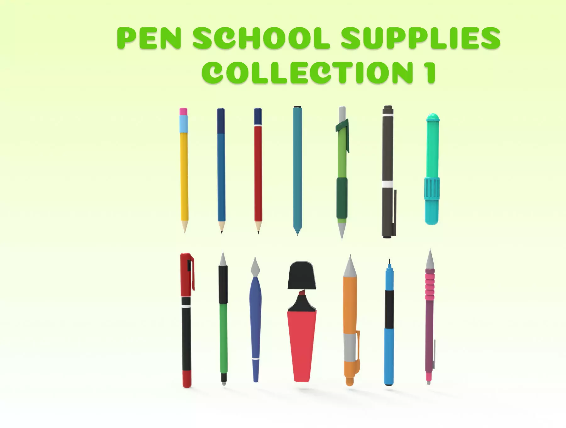 Pen school supplies collection 1 Low-poly 3D model_0