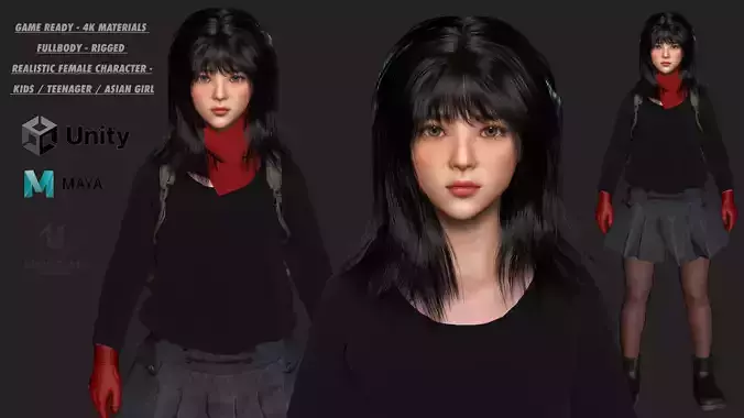 AAA 3D REALISTIC CHARACTER - TEENAGER  KIDS  ASIAN GIRL Low-poly 3D model