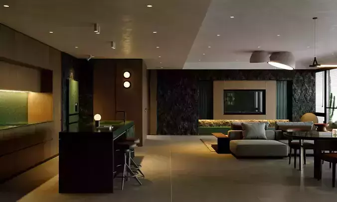 Living Room Kitchen Interior Scene for 3ds Max Corona Render 