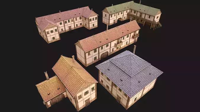 Medieval Town Buildings Set Low-poly 3D model