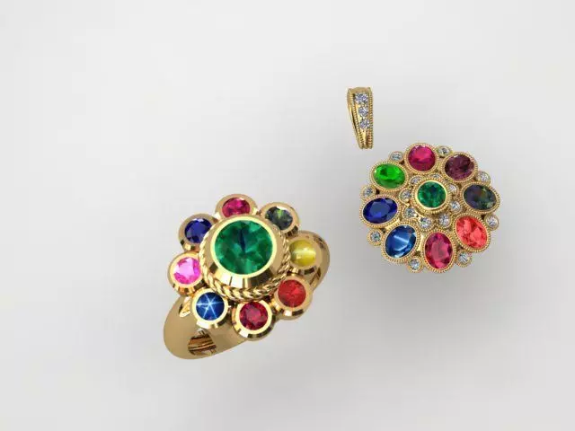 Pendant and ring with round and oval shape stone 3D print model