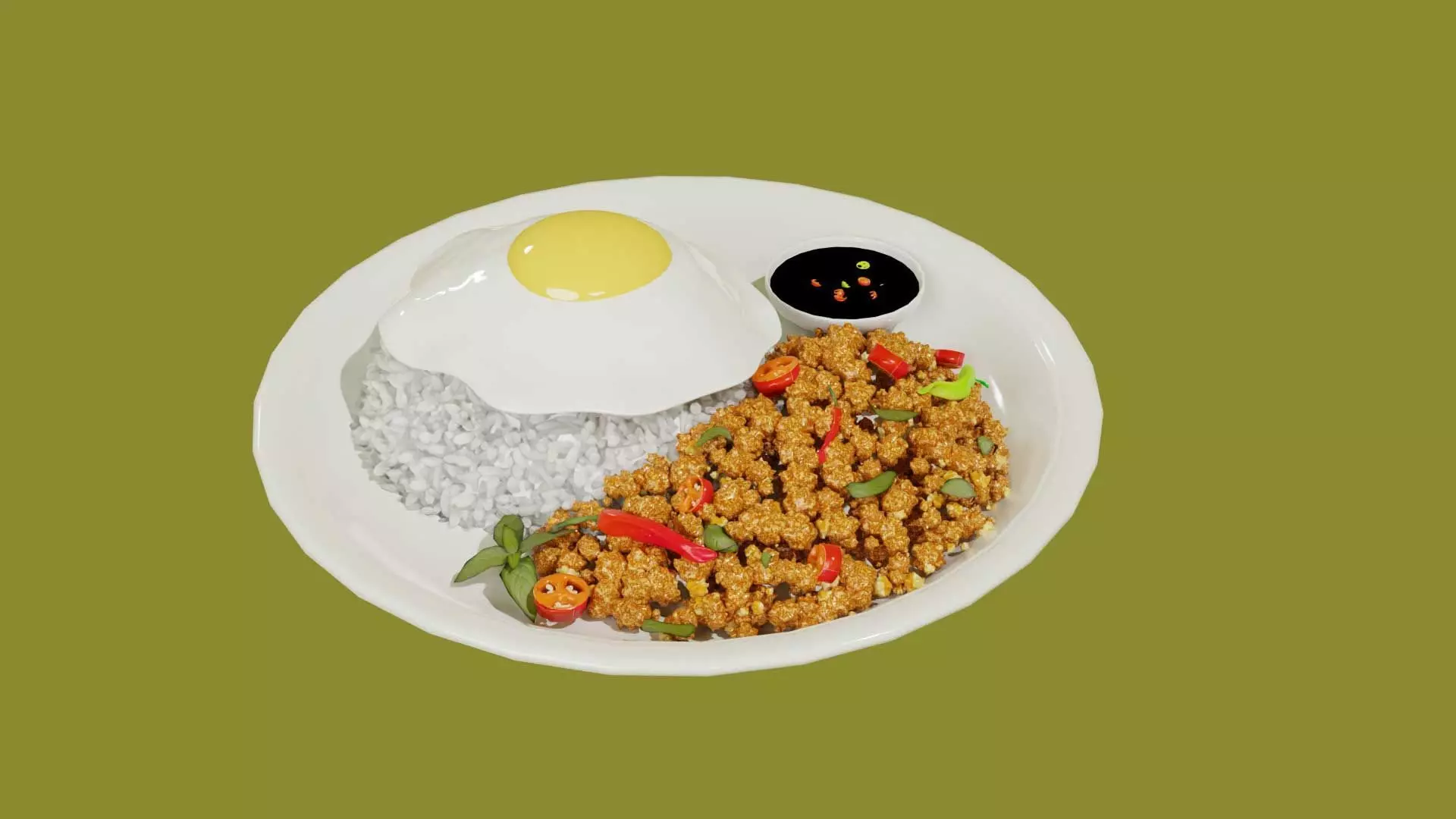 Spicy basil mince pork with fried egg 3D model_0