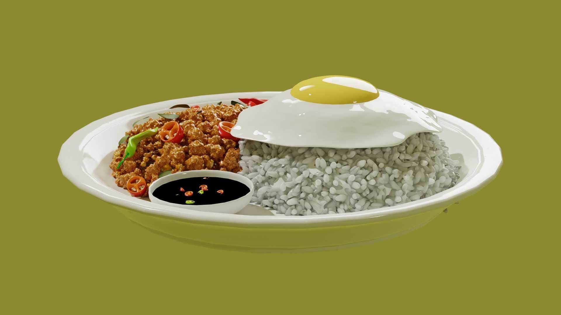 Spicy basil mince pork with fried egg 3D model_2