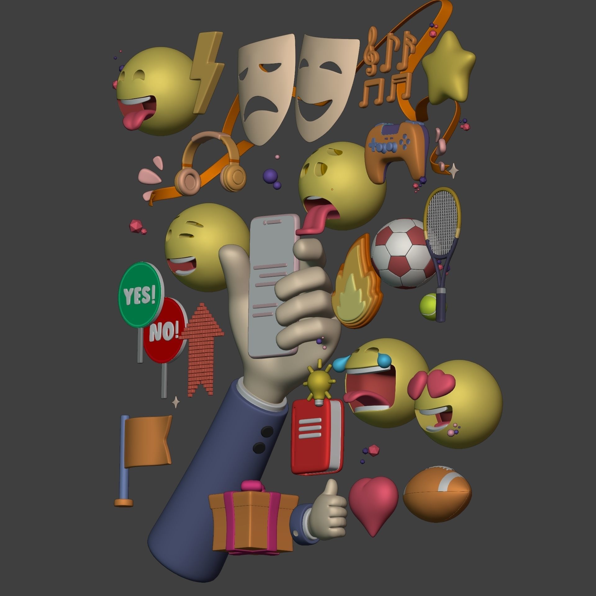 Cartoon Icons Pack - Hand - Smartphone - Smiley Emoji - Game Low-poly 3D model_3