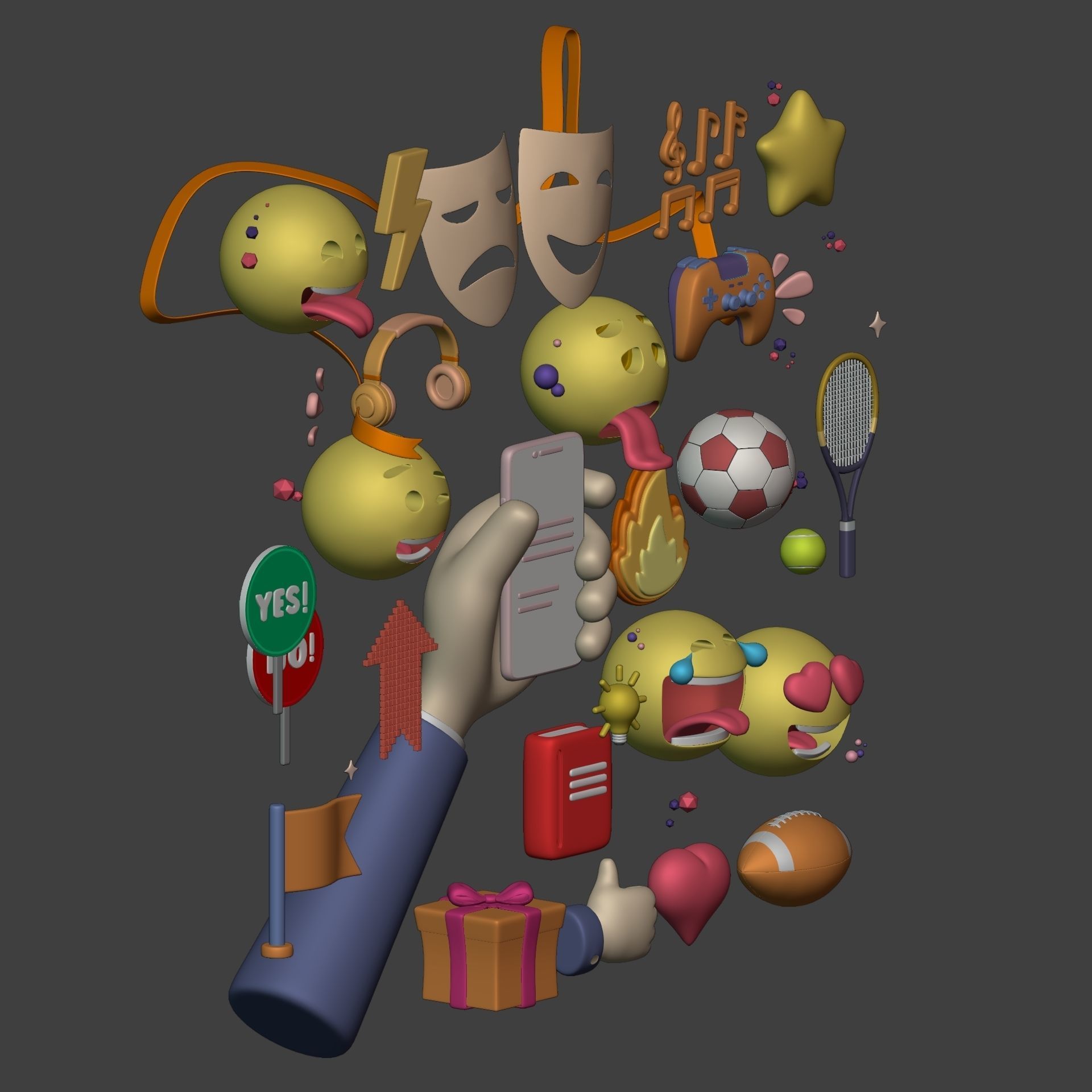 Cartoon Icons Pack - Hand - Smartphone - Smiley Emoji - Game Low-poly 3D model_5