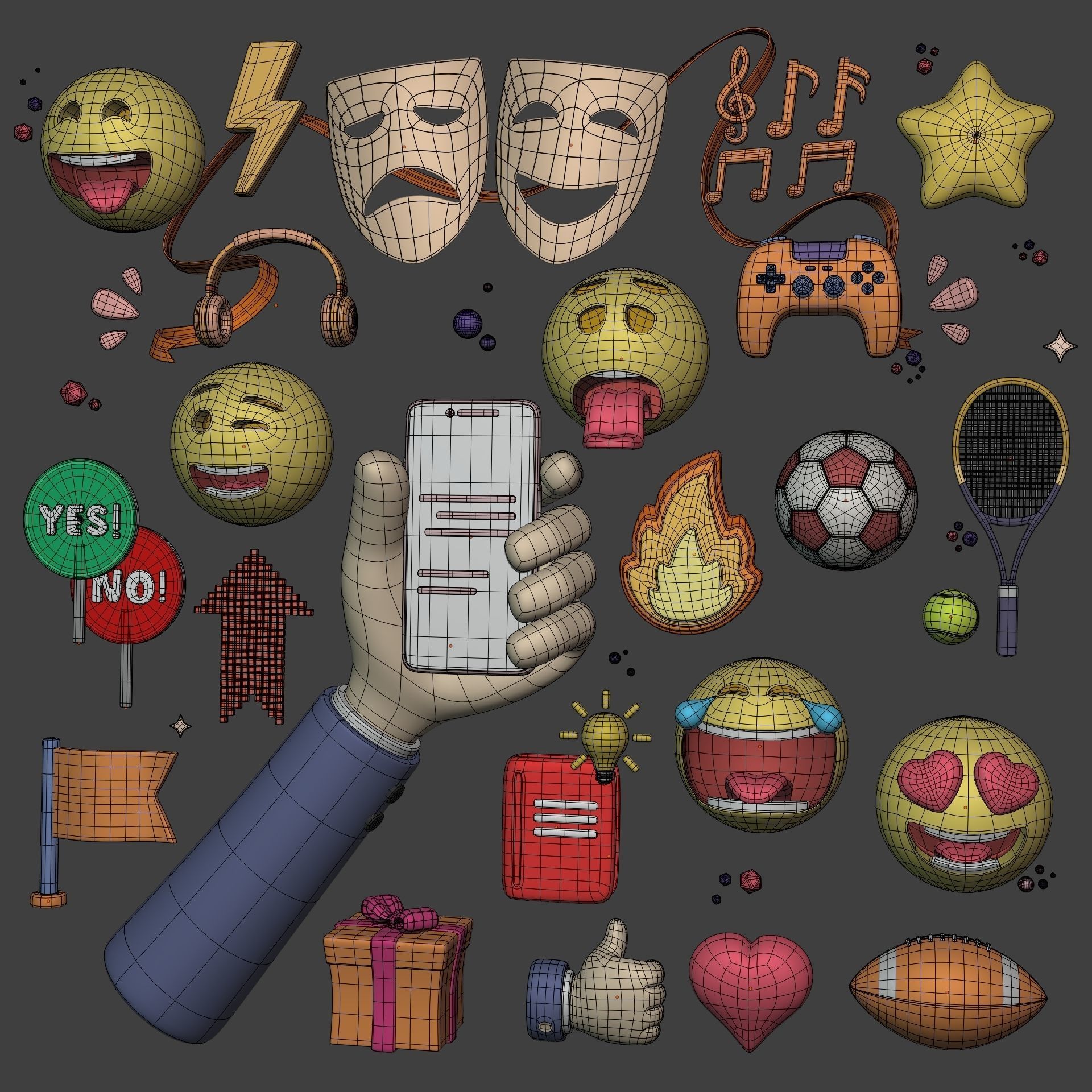 Cartoon Icons Pack - Hand - Smartphone - Smiley Emoji - Game Low-poly 3D model_2