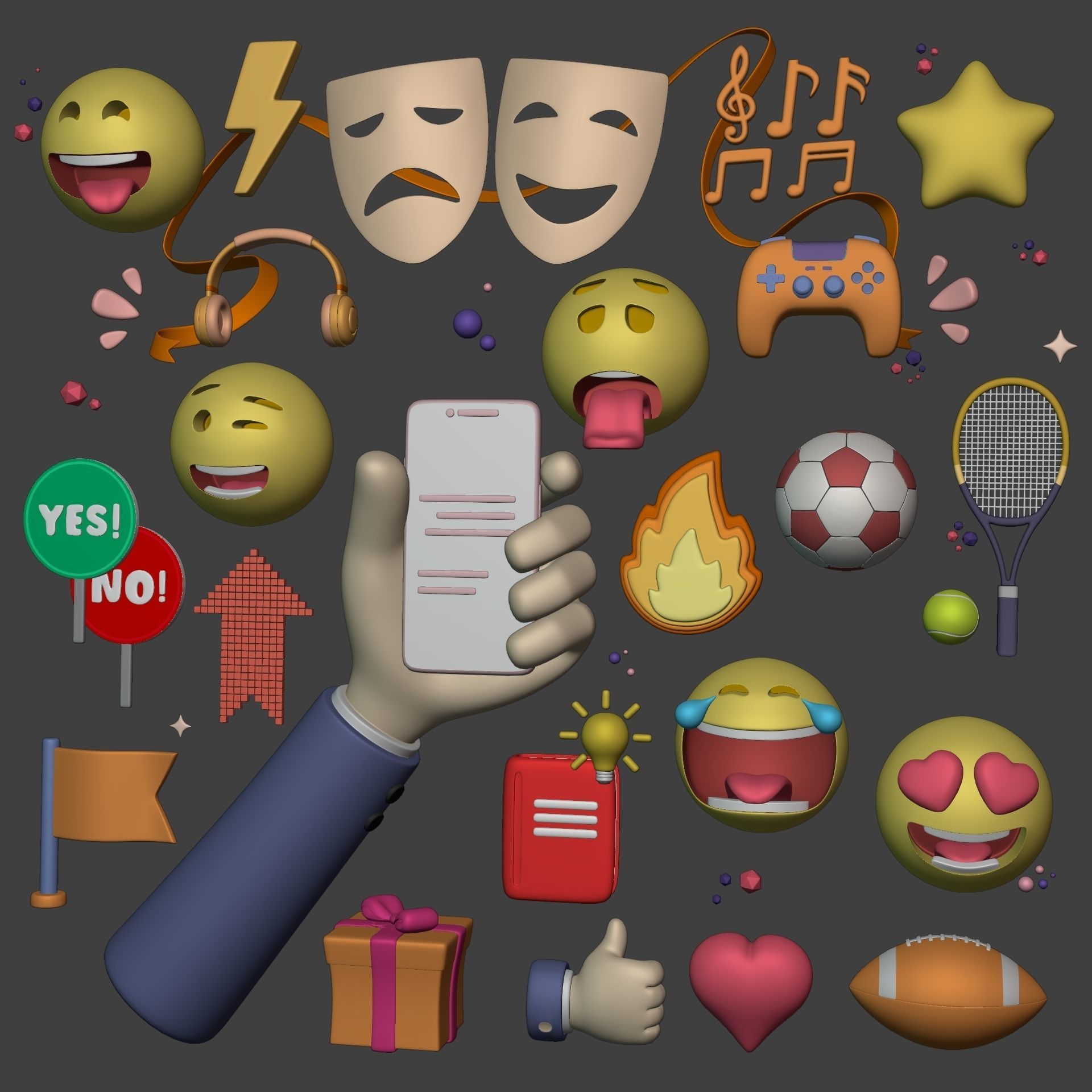 Cartoon Icons Pack - Hand - Smartphone - Smiley Emoji - Game Low-poly 3D model_1
