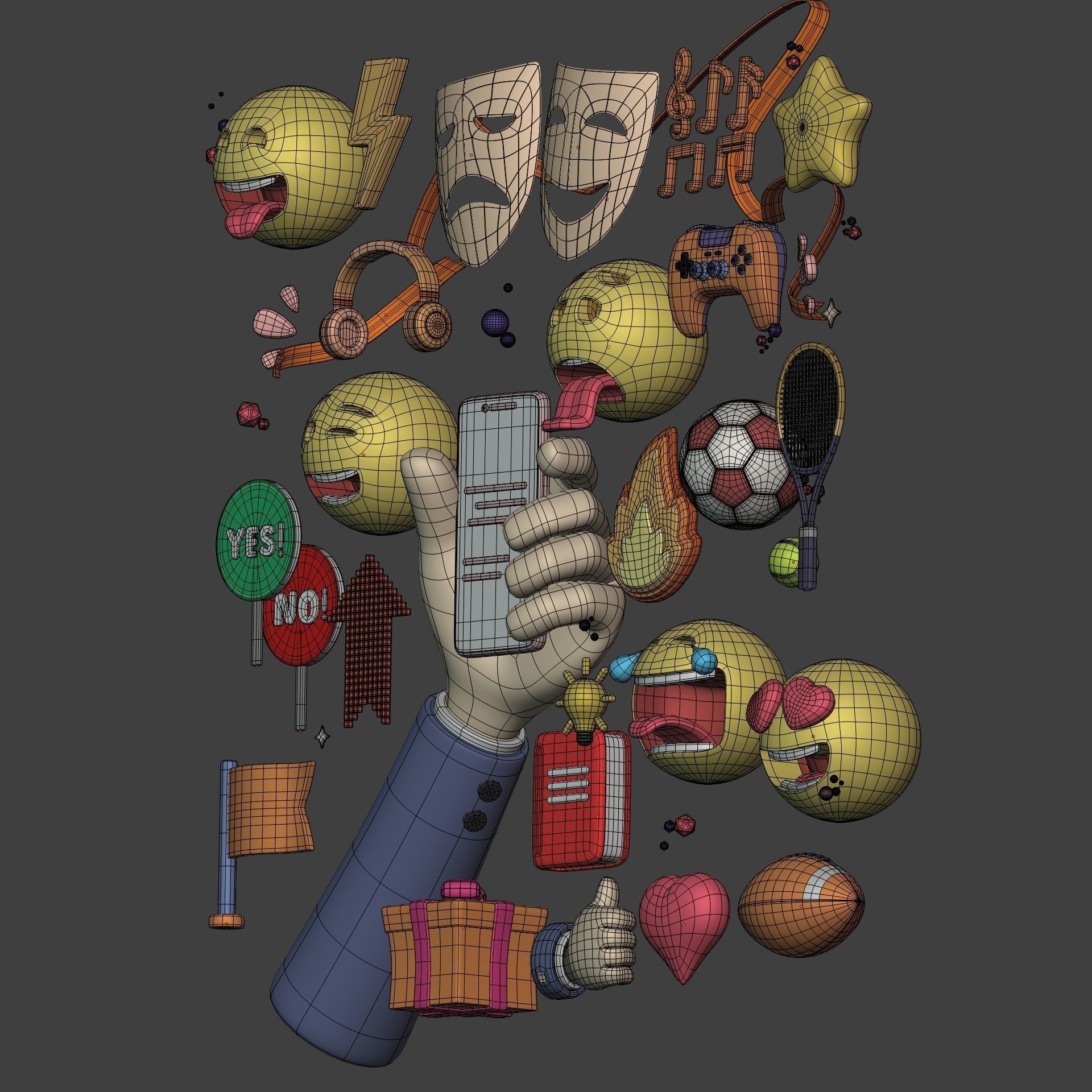 Cartoon Icons Pack - Hand - Smartphone - Smiley Emoji - Game Low-poly 3D model_4