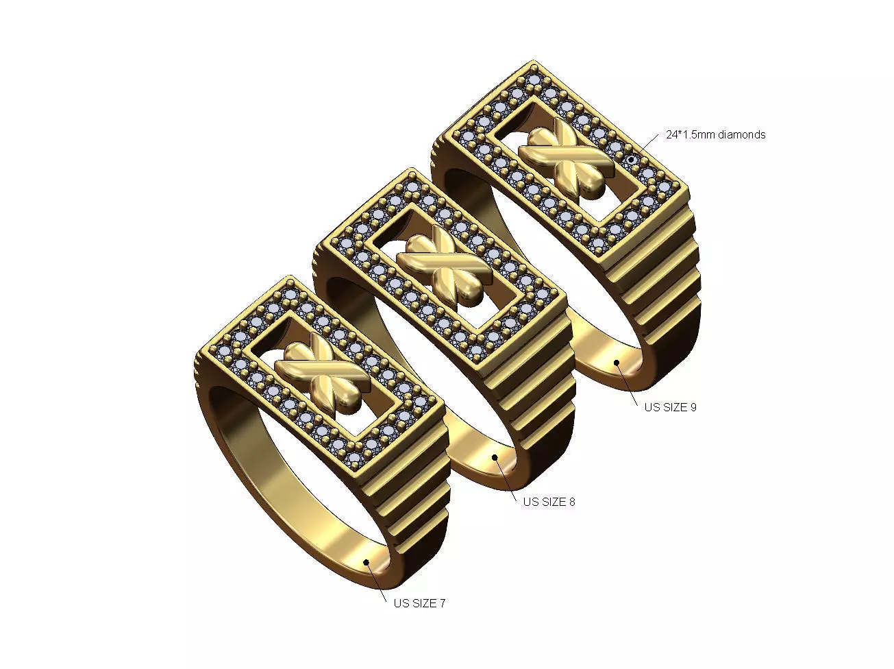 Diamond open stitched signet ring US sizes 7 8 9 3D print model