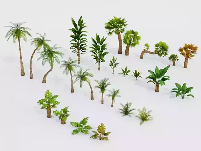 Low poly set of hand-painted palm trees
