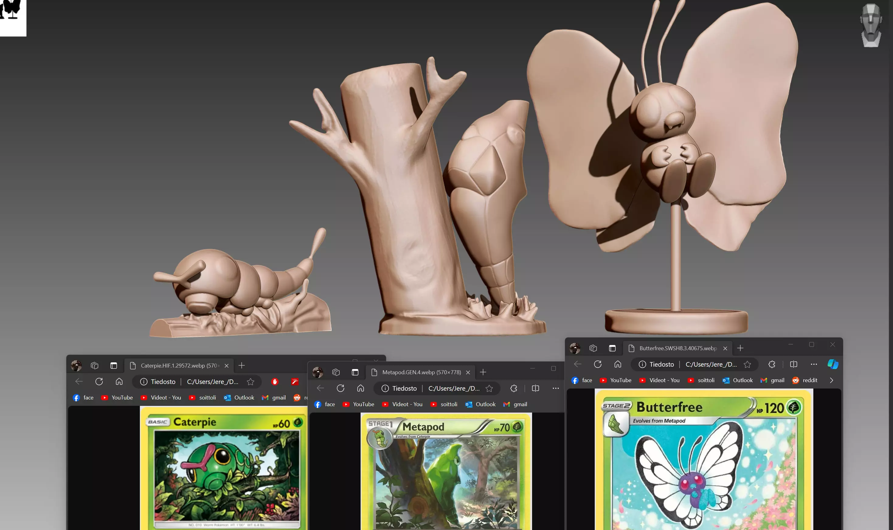 Caterpie Metapod and Butterfree evolution family value set 3D print model