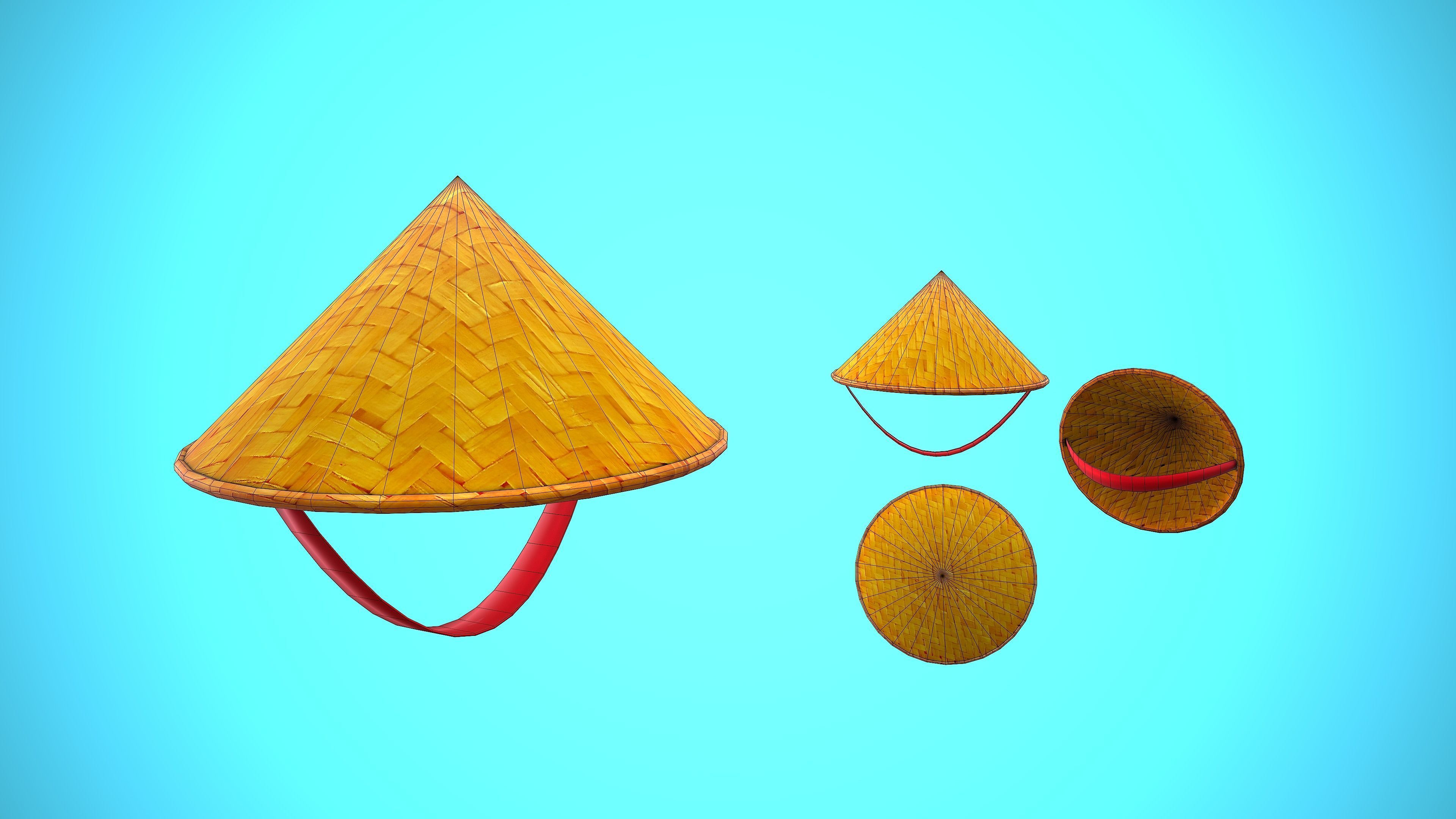 ASIAN HAT CARTOON STYLIZED Low-poly 3D model_4