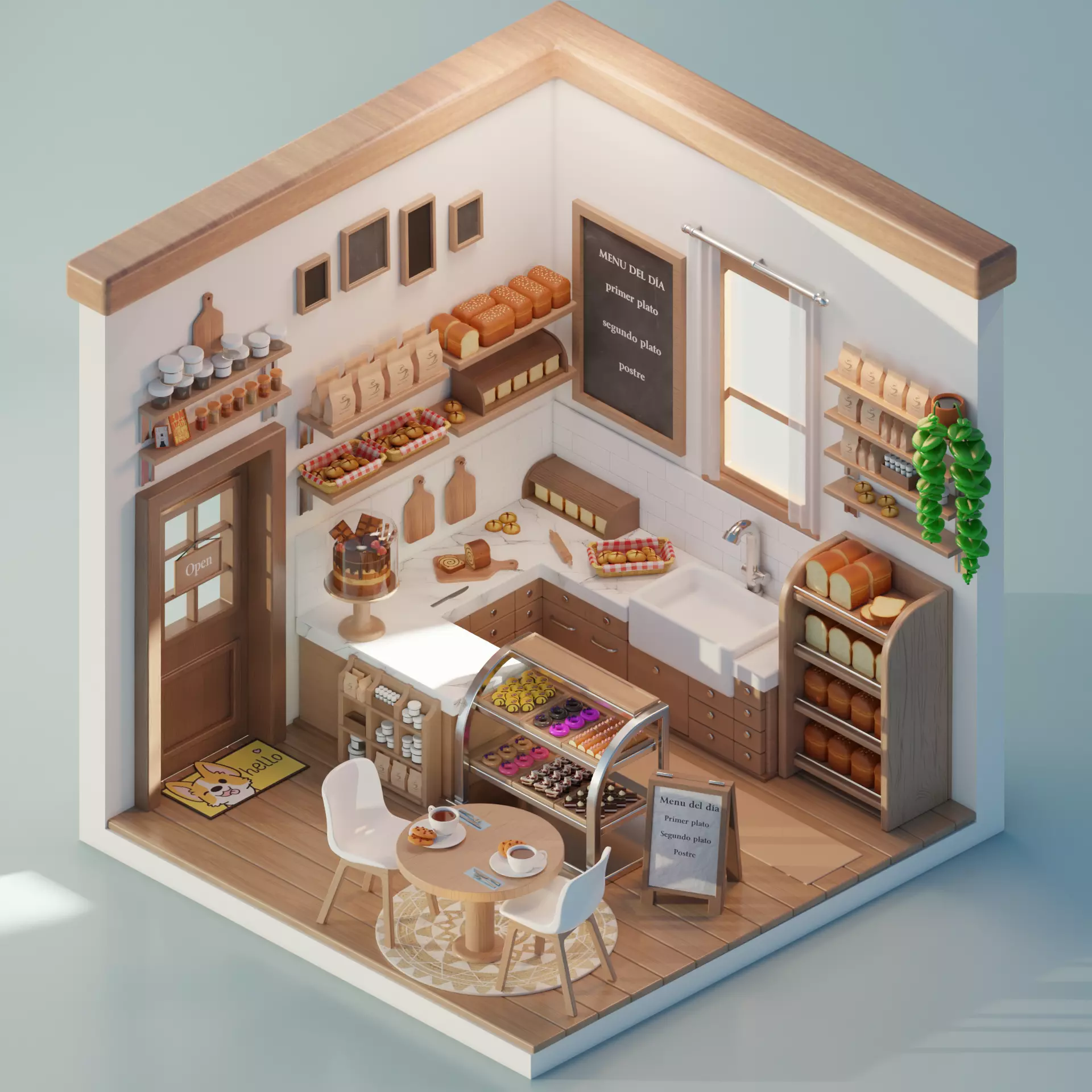 Isometric Restaurant Cartoon - Escena Isometrica Restaurante 3D model
