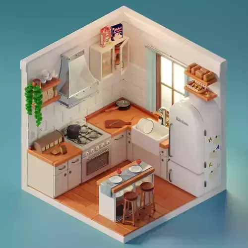 Isometric Room Scene Kitchen Cartoon - Escena Isometrica Cocina