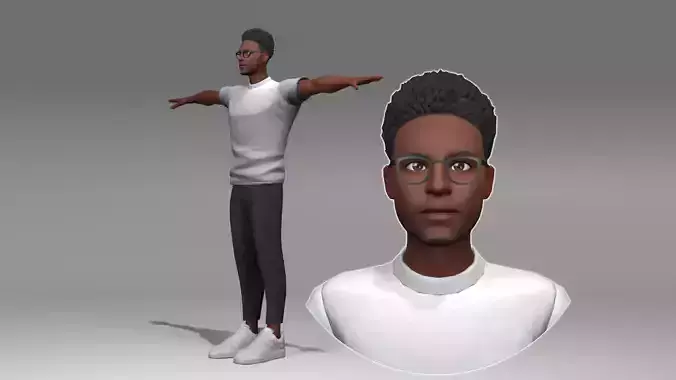 Cartoon Black Man Samual T-pose Low-poly 3D model