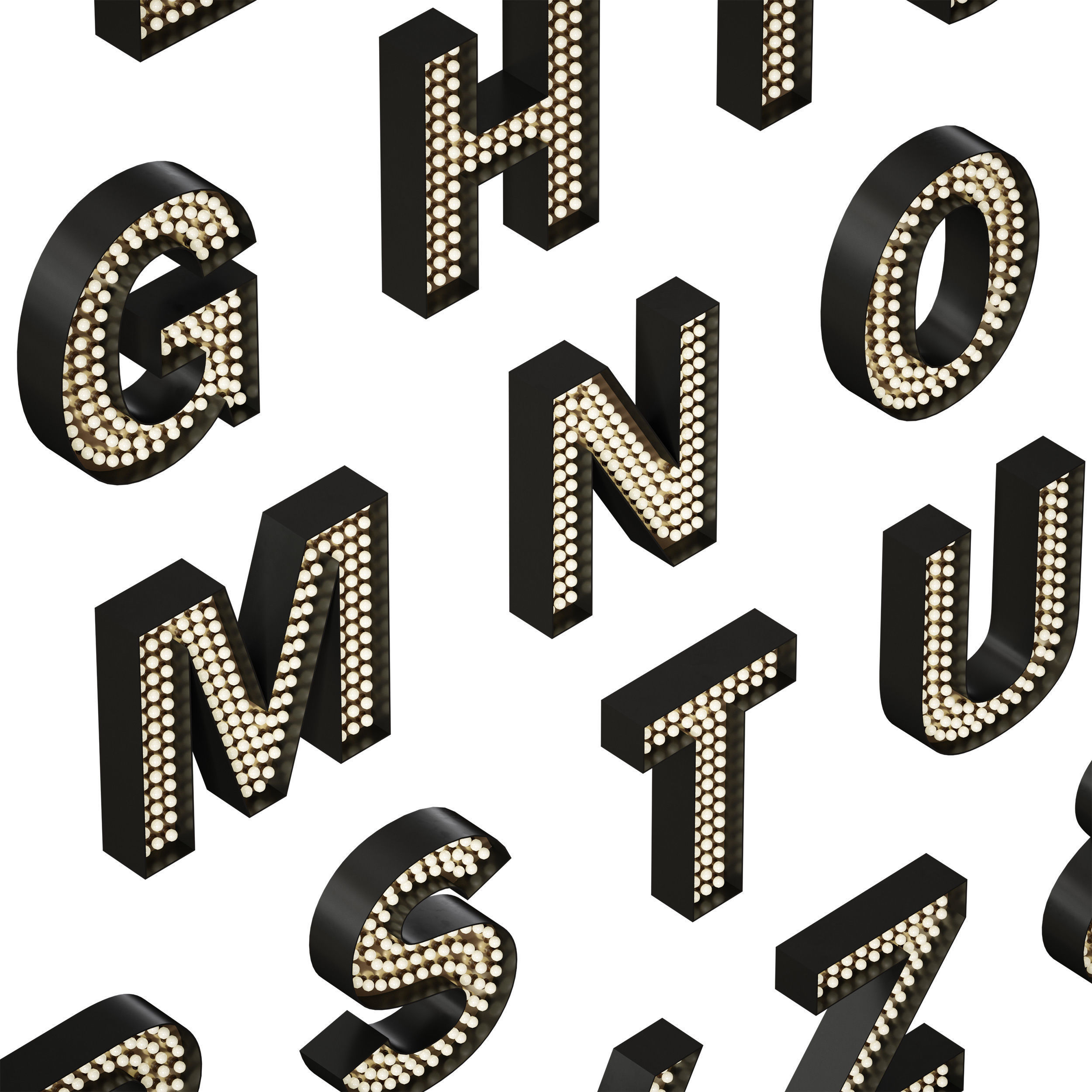 Illuminated volumetric letters with light bulbs Latin alphabet 3D model_8