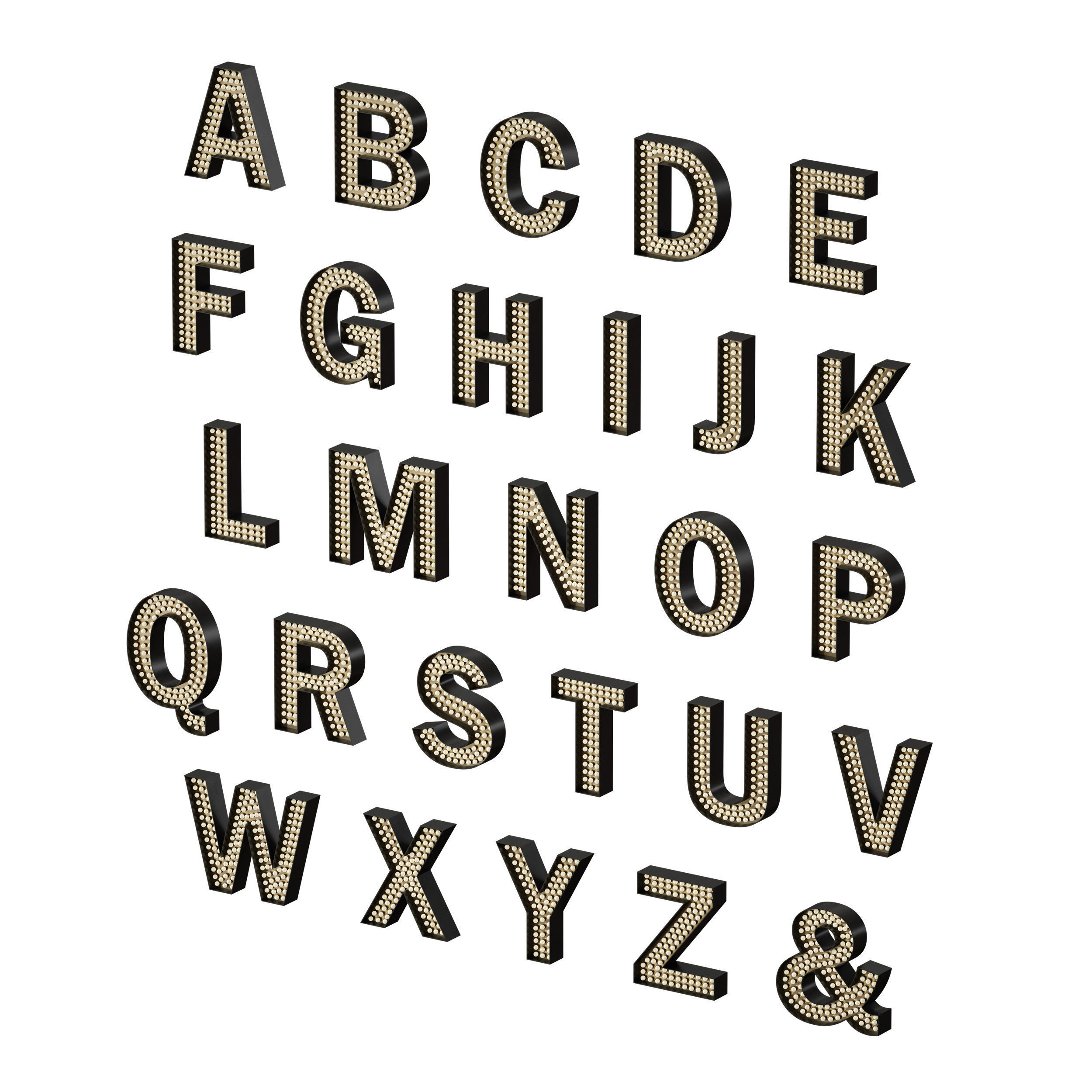 Illuminated volumetric letters with light bulbs Latin alphabet 3D model_6