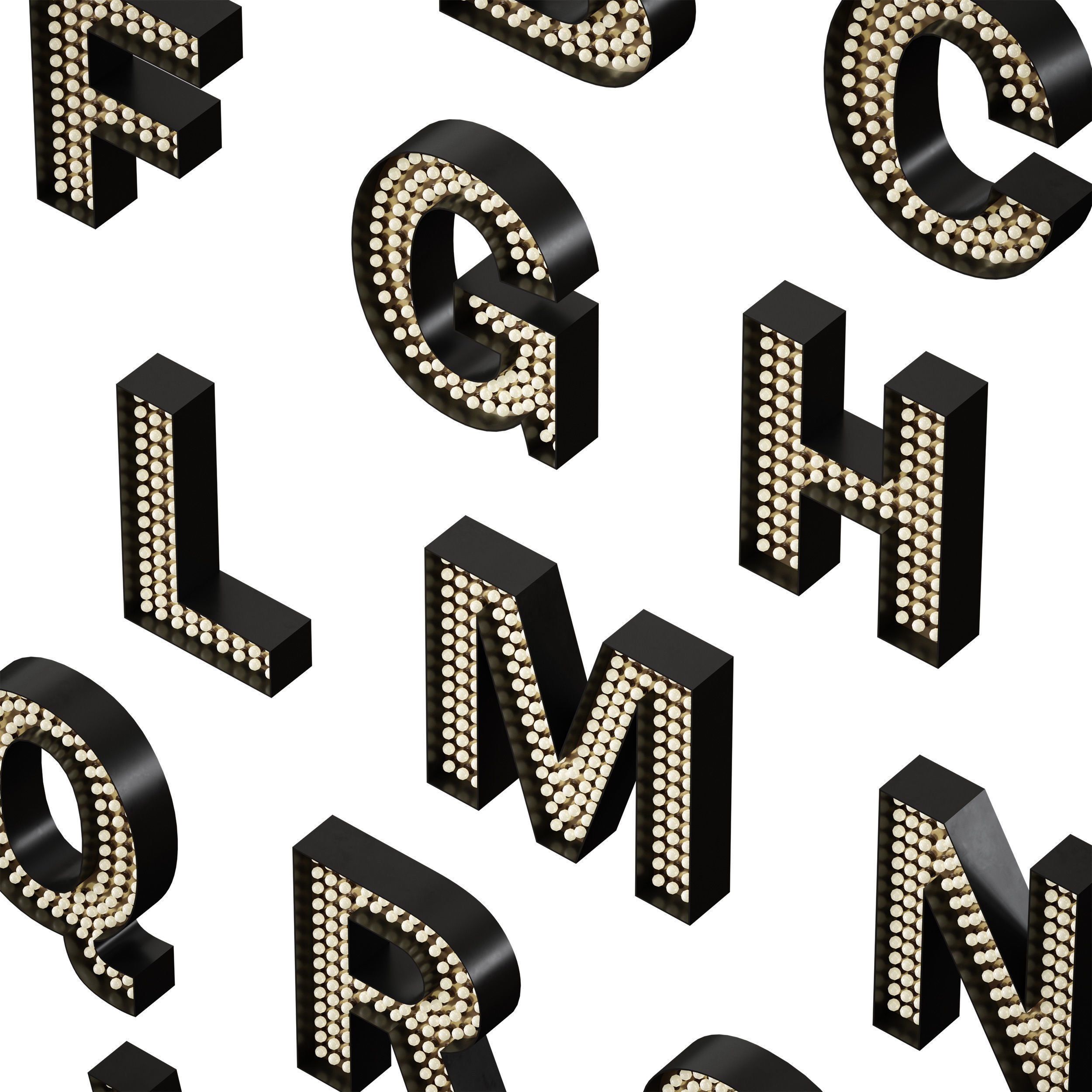 Illuminated volumetric letters with light bulbs Latin alphabet 3D model_9