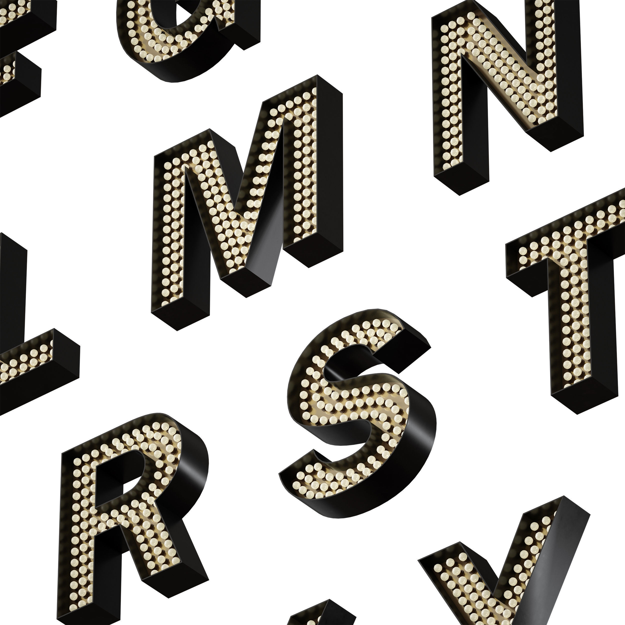 Illuminated volumetric letters with light bulbs Latin alphabet 3D model_10