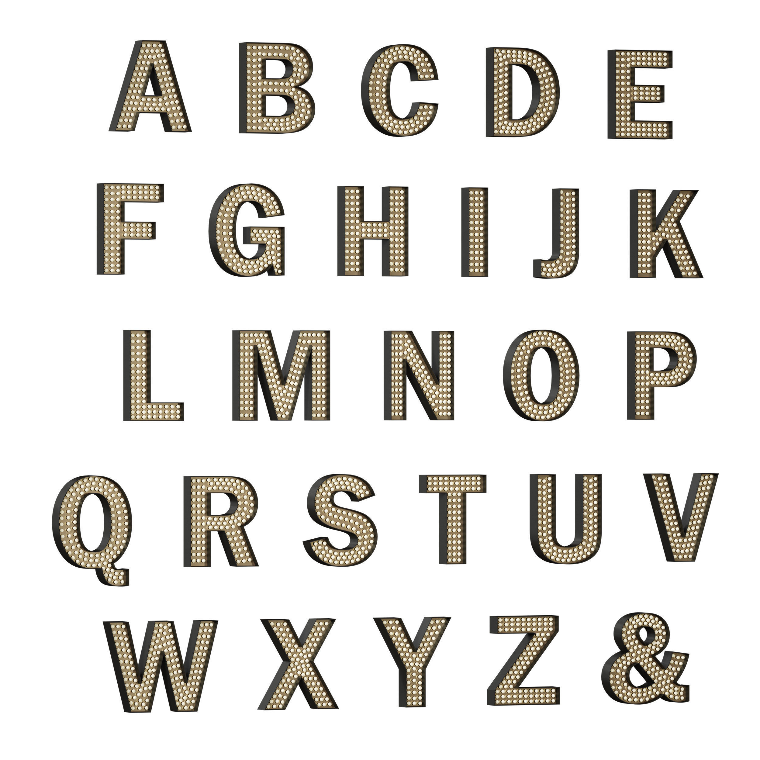 Illuminated volumetric letters with light bulbs Latin alphabet 3D model_1
