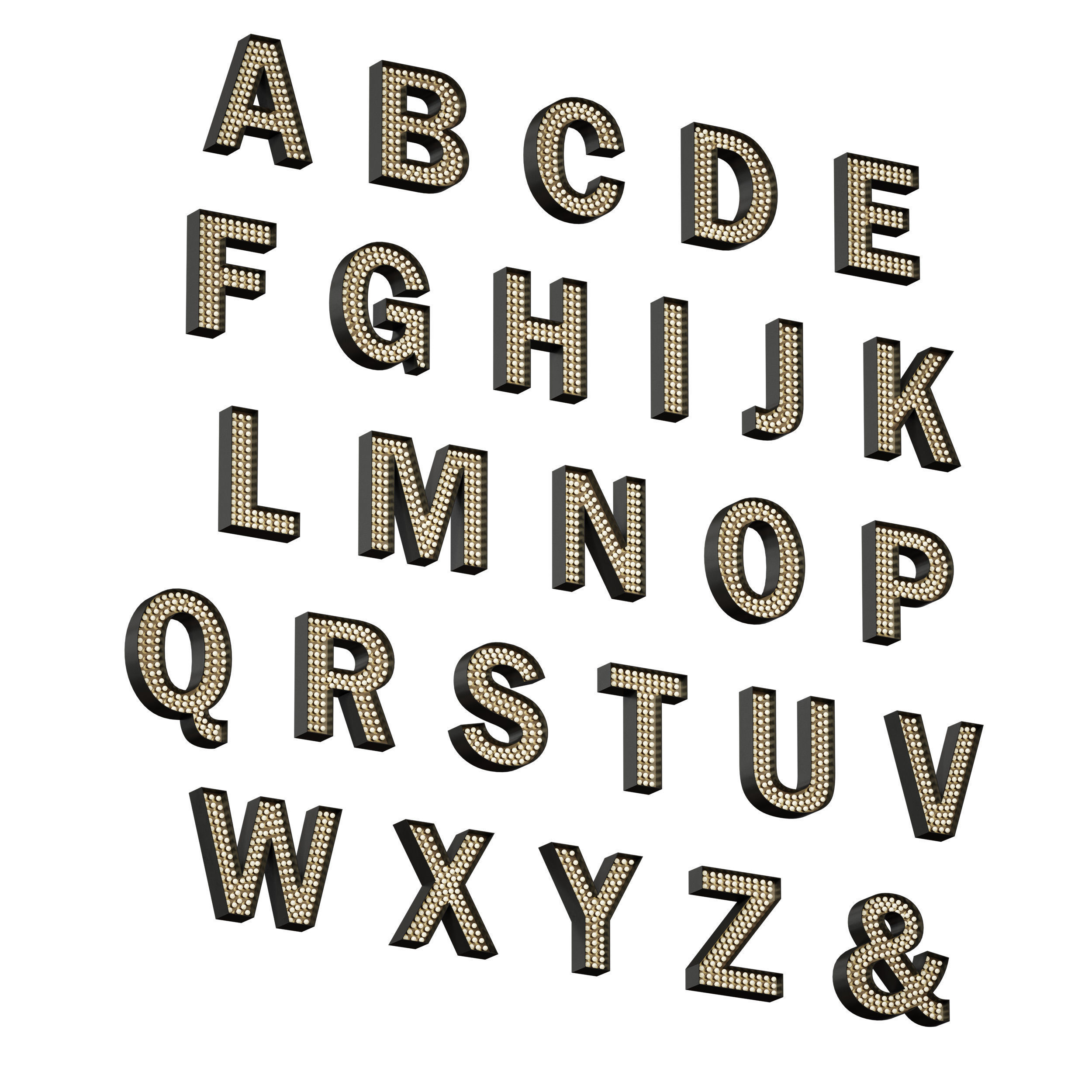 Illuminated volumetric letters with light bulbs Latin alphabet 3D model_2