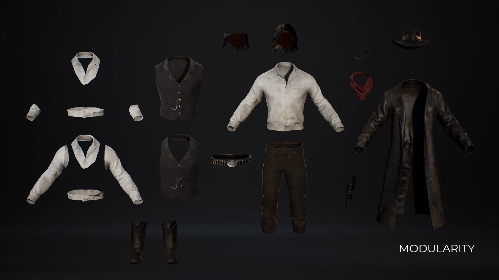 MetaHuman Western Bundle - Set of clothes and hairstyles Low-poly 3D model_26