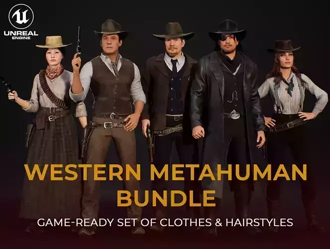 MetaHuman Western Bundle - Set of clothes and hairstyles Low-poly 3D model