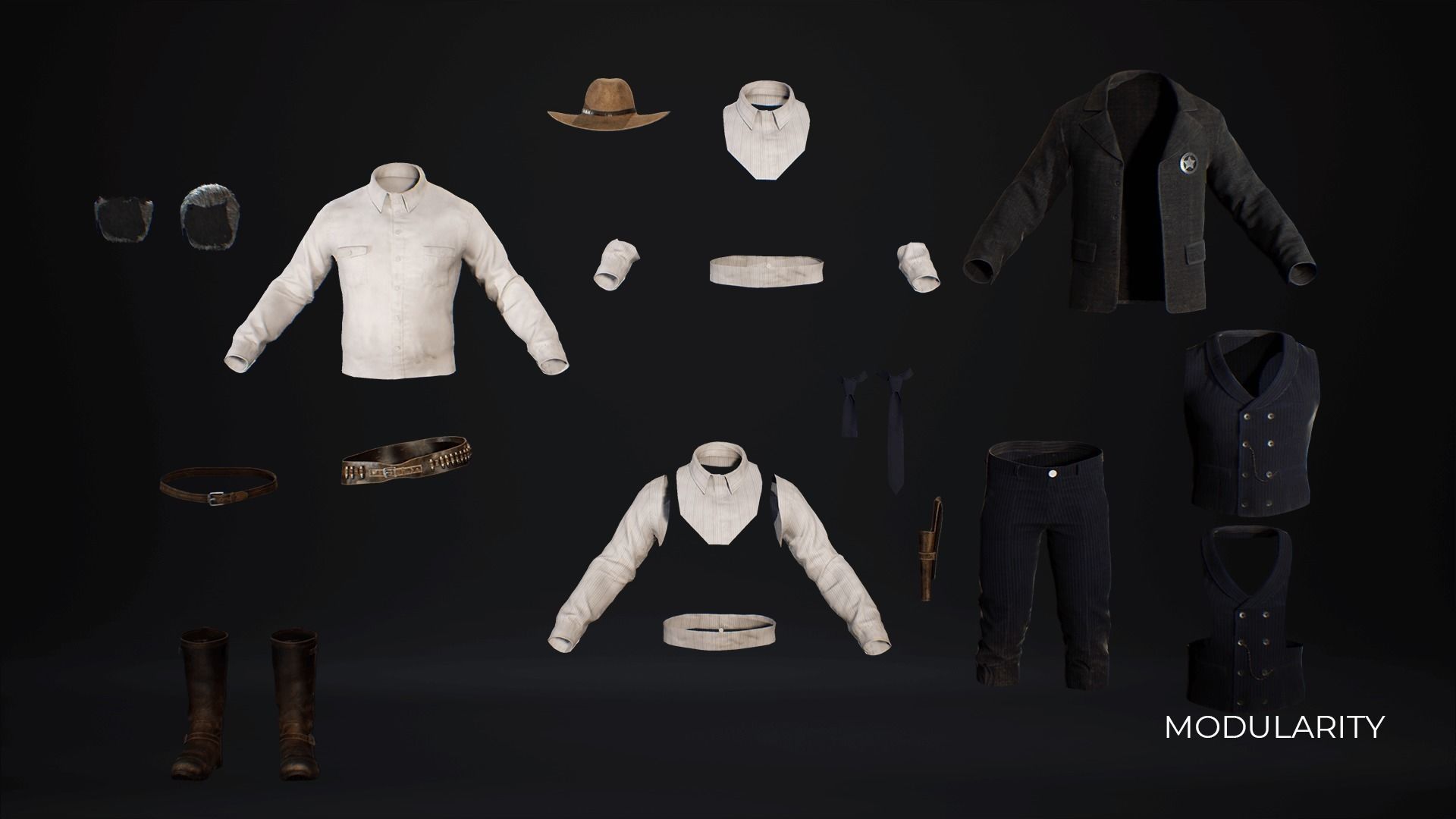MetaHuman Western Bundle - Set of clothes and hairstyles Low-poly 3D model_27