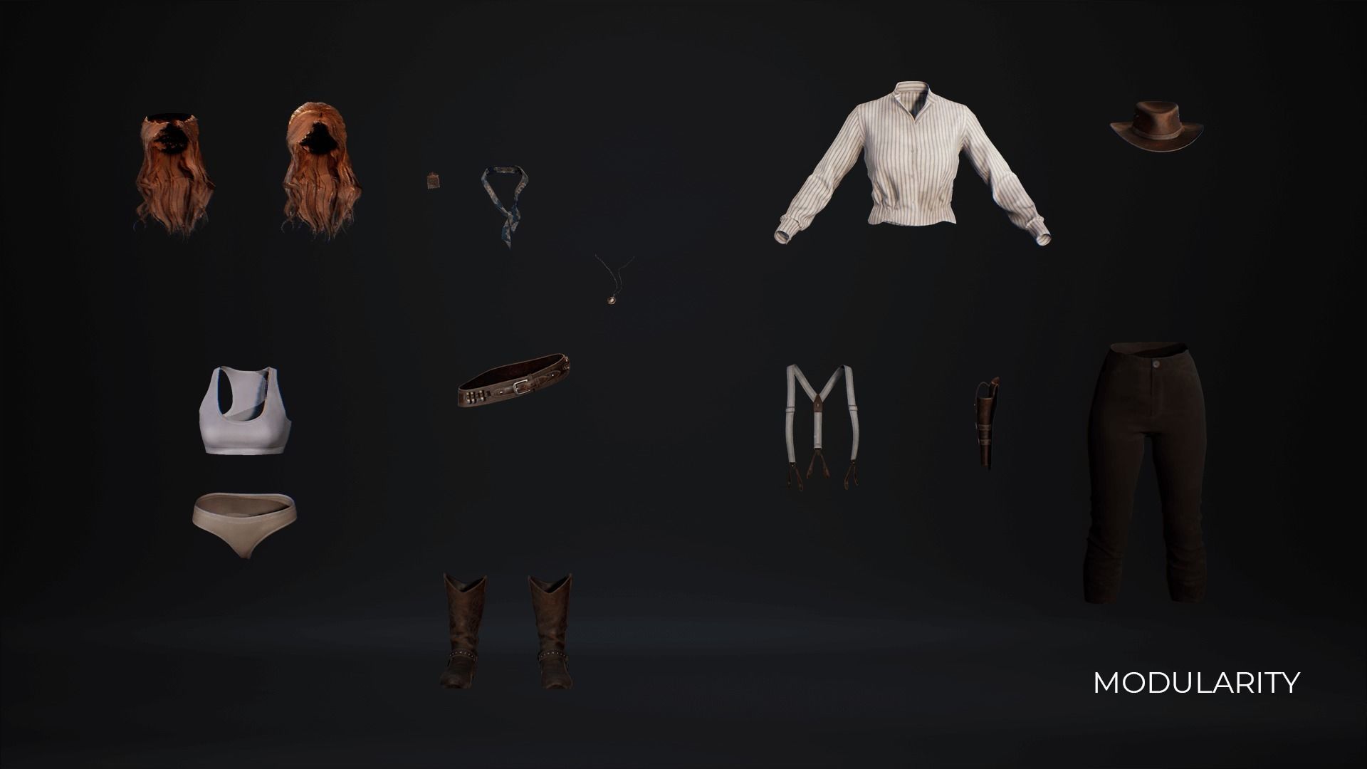 MetaHuman Western Bundle - Set of clothes and hairstyles Low-poly 3D model_28