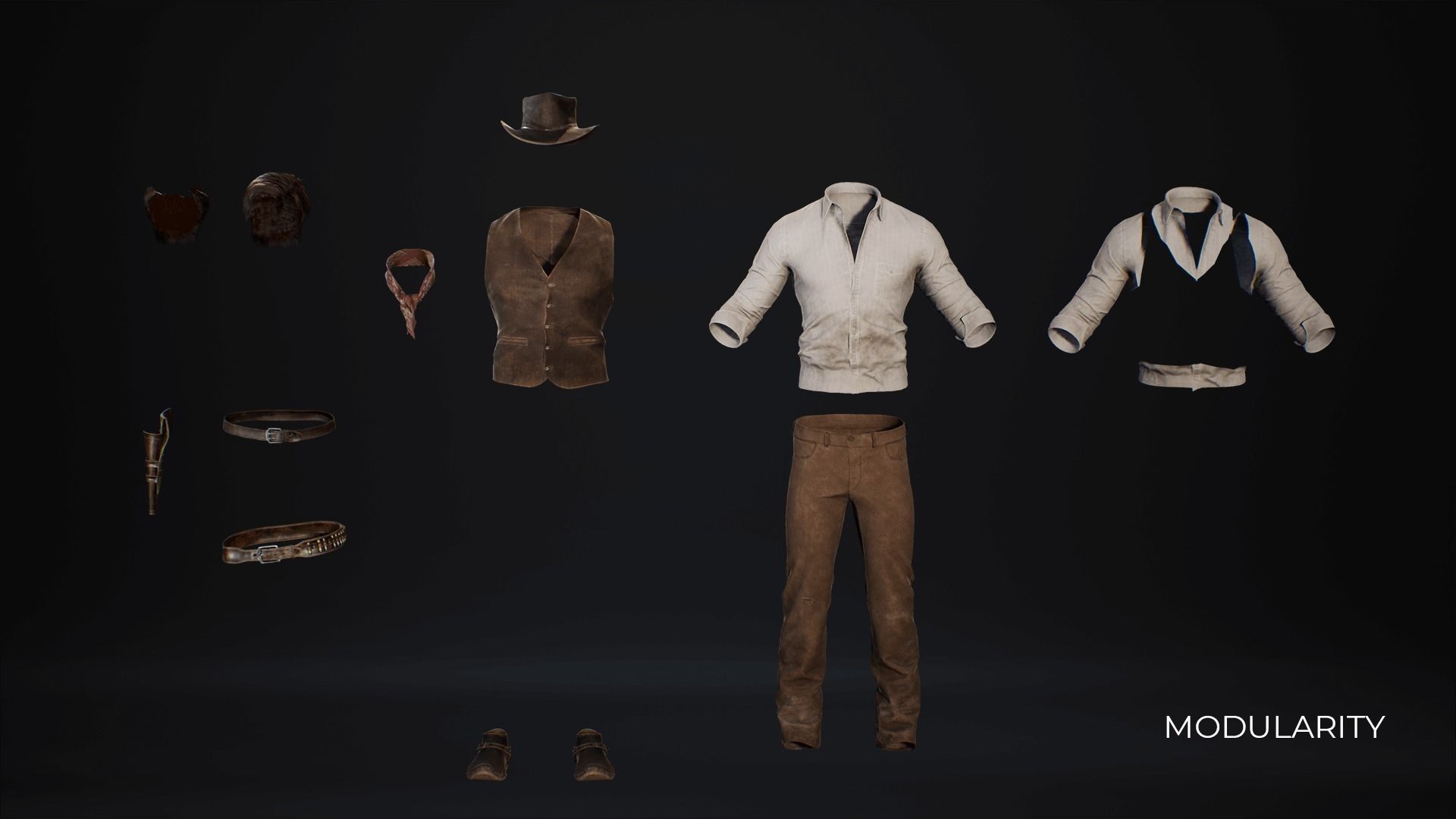 MetaHuman Western Bundle - Set of clothes and hairstyles Low-poly 3D model_25