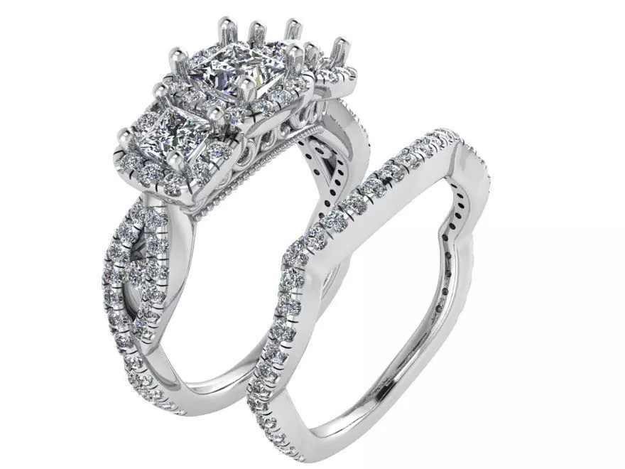 3 Stone Square Halo Twisted Ring With Band 1960 3D print model