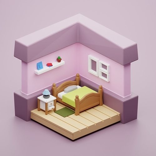 Isometric Bedroom Low Poly 3D Model free VR / AR / low-poly 3D model ...
