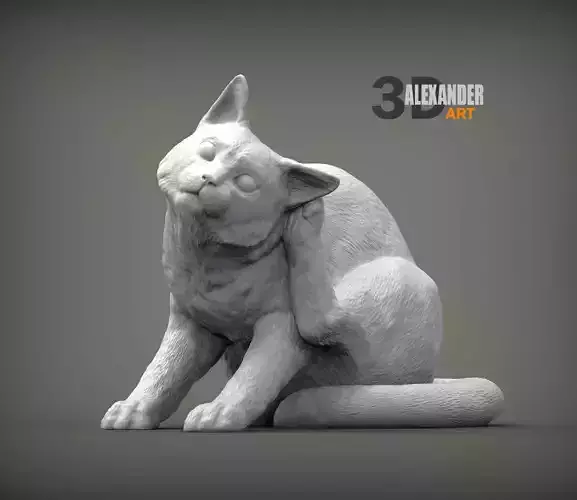 The cat scratches its ear with its paw 3D print model