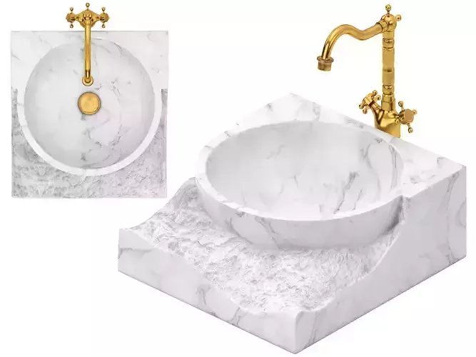 white marble sink with brass faucet 3D model
