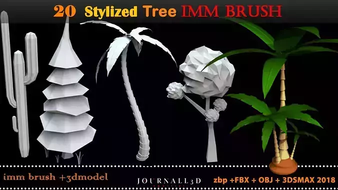 20 stylized tree 3d model and imm brush Low-poly 3D model