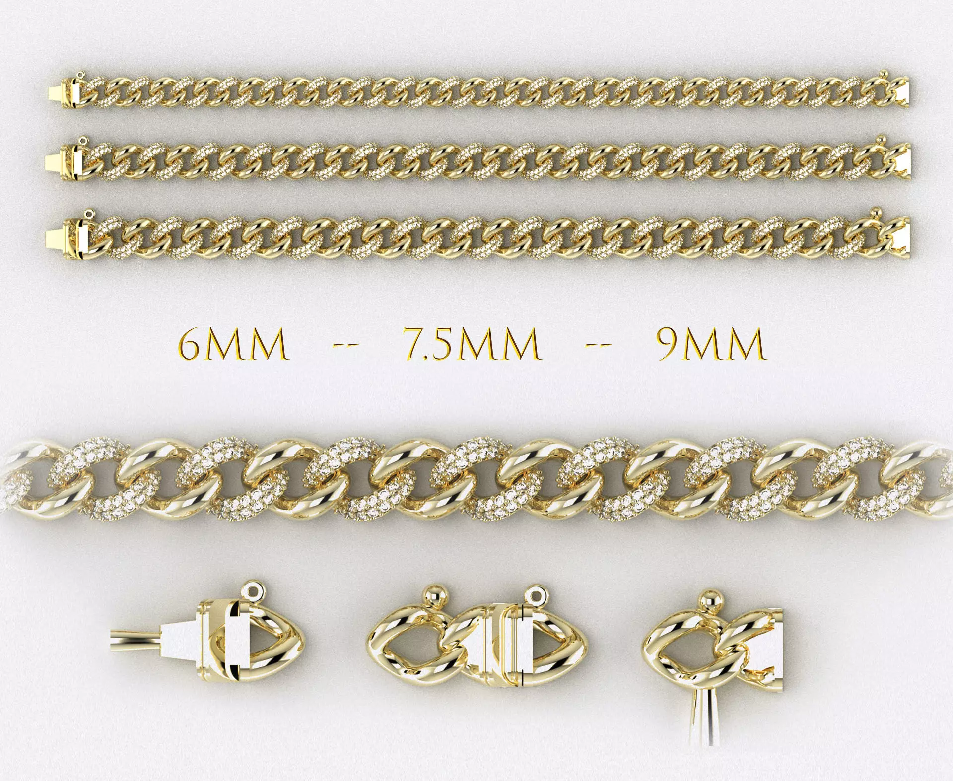 3 Size Cuban Link Chain Diamond For Bracelet or Necklace 3D print model_0