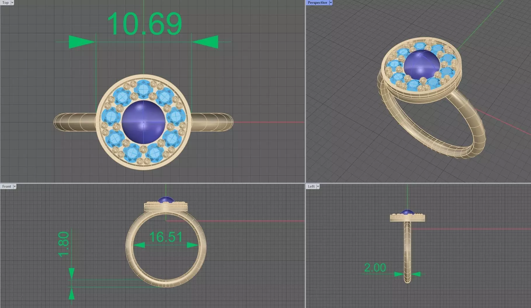 Ring with cabochon and halo of diamonds Free 3D print model